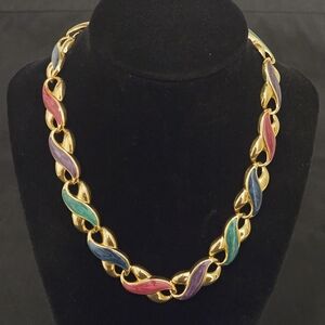 VTG 80s Gold Tone Metal Multicolor Enamel Link Bold Retro Necklace 17"
